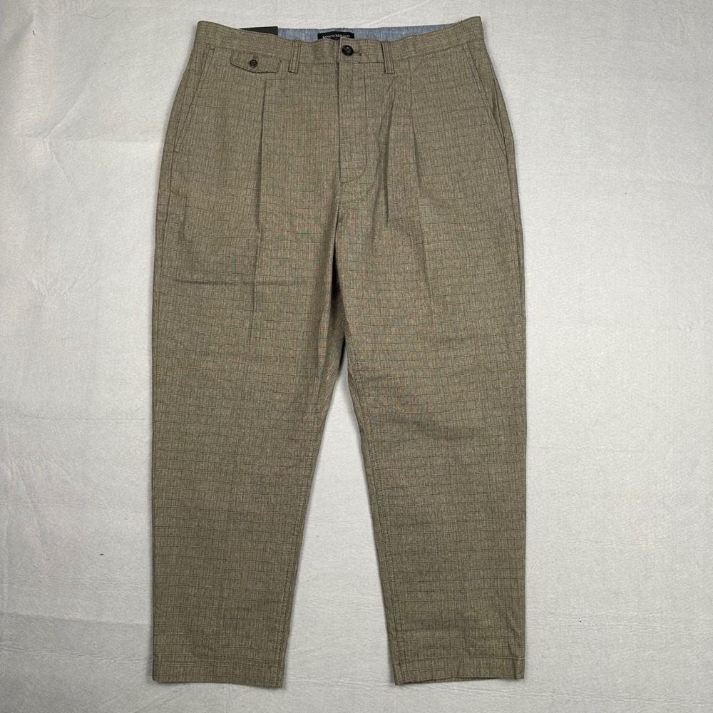Banana Republic Mens 34x30 Relaxed Tapered Fit Brown Grid Pleated Ankle Pant NEW
